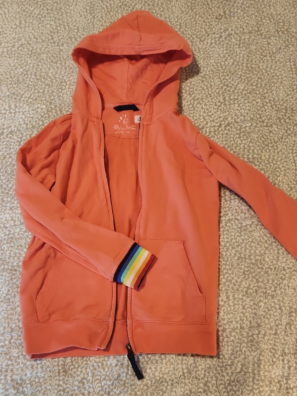 ✨ 3 For $25 SALE Primary Coral Hooded Zip-Up Sweatshirt with Rainbow Cuff
